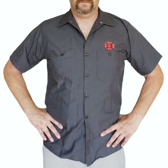 LUCKY 13 THIRTEEN button down short sleeve casual gray work shirt Momento Mori L - Picture 2 of 8